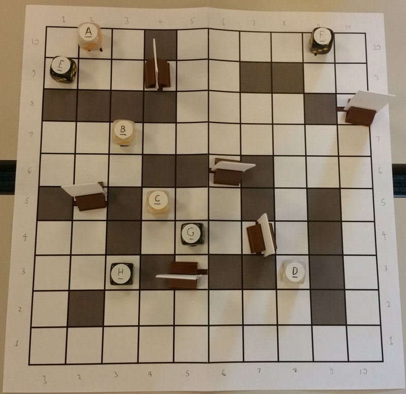 Board with pieces for groups of people and doors.