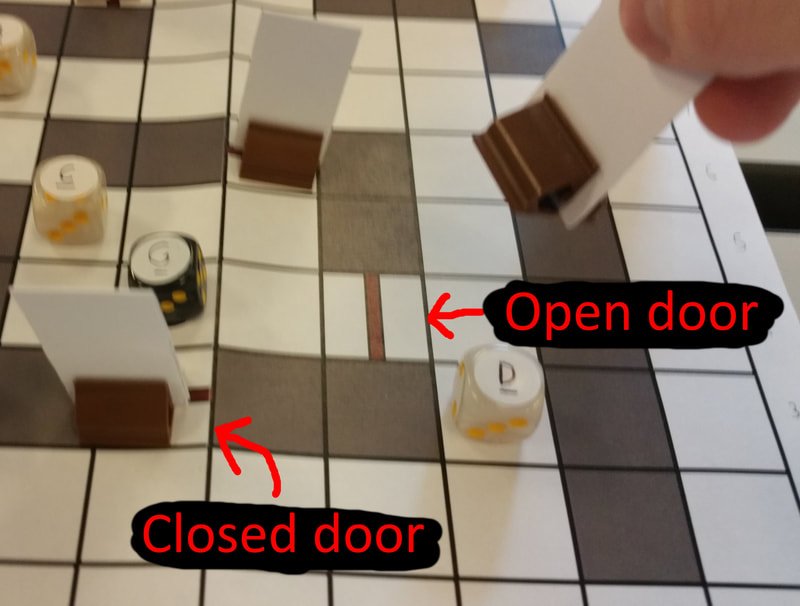 Showing how closed doors are marked by a piece, while open doors are an icon printed on that tile.