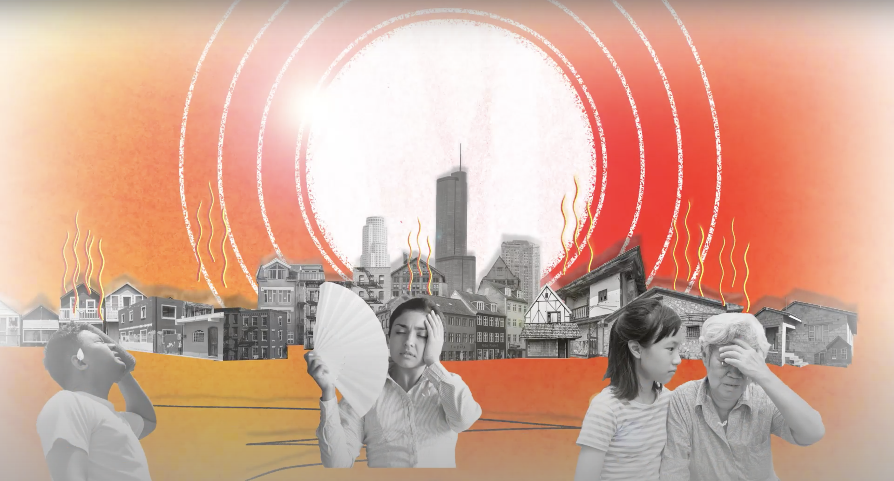 Graphic of people standing in front of a city with a blazing red sun behind them. They are sweating, using fans, and a girl is holding a crying older woman.