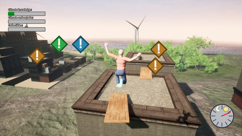 Player is jumping between buildings using wood platforms to reach a marked collectible object.