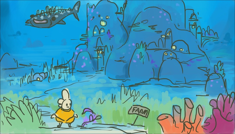Concept art color drawing showing Mu with a small plant, and a large coral city in the dark, blue distance. There's also a happy-looking whale with some growth on its back.