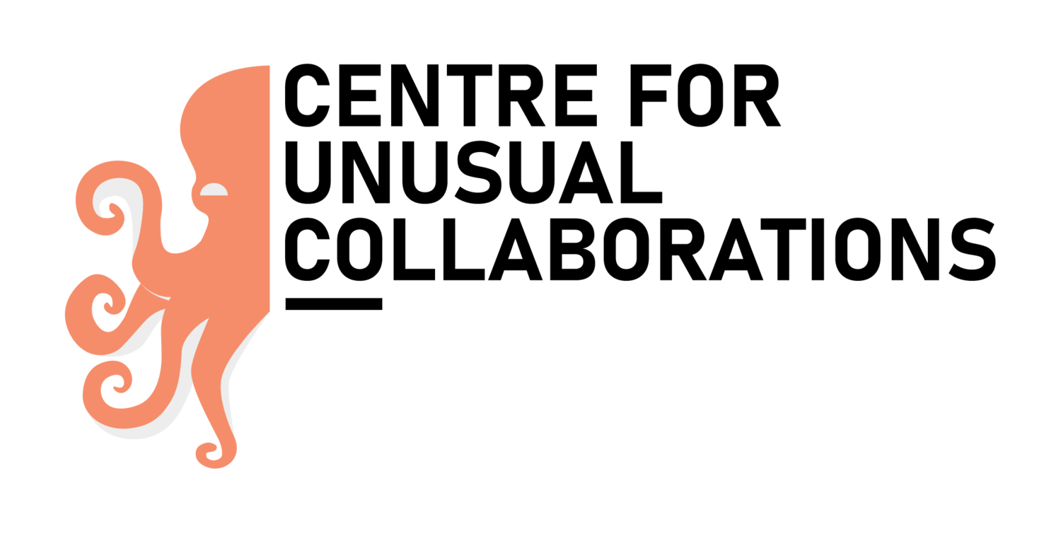 Logo for the Centre for Unusual Collaborations, depicting the text with CUCO underlined, and half an orange illustrated octopus emerging from the side.