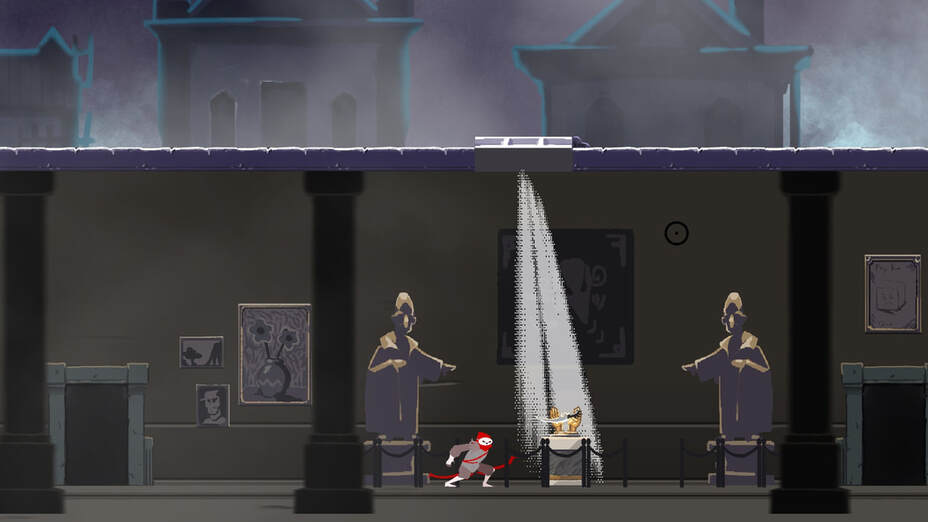 Small screenshot from Moonlit Nightmare in 2D of the player character sneaking into a museum, preparing to steal an ornate knife surrounded by fine art and statues.