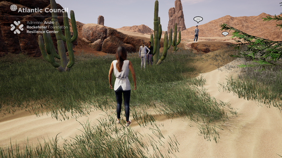 Screenshot of the game for the Forum on Global Resilience with the player standing in a grassy, sandy field with cacti and other characters in the distance.