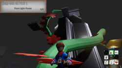 Small screenshot for Living Megastructure of the player character standing in front of a massive, winding plant with lush leaves crawling up a metal tower.