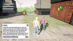 The player is outside an apartment building, listening to another character describe how she lost her home in a hurricane.