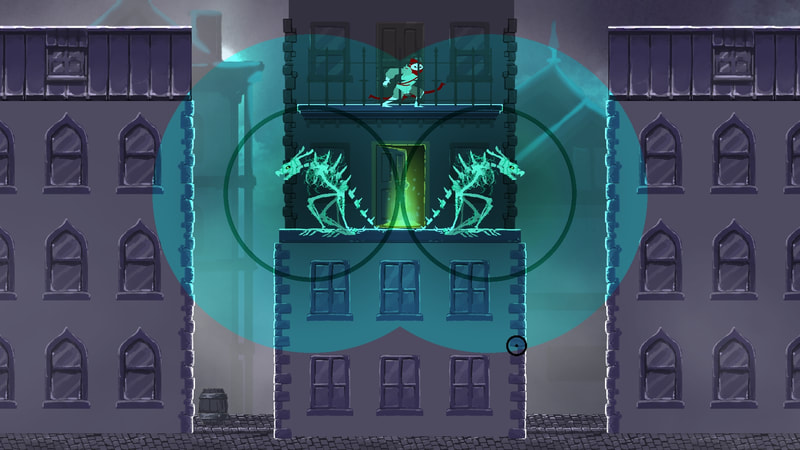 The player stands on a balcony over two skeletons, each with a blue circle around them showing their audible range.