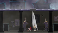 The player stands inside a museum next to a pedestal holding a glowing knife. Light is coming in through the roof, and two statues point to the knife.