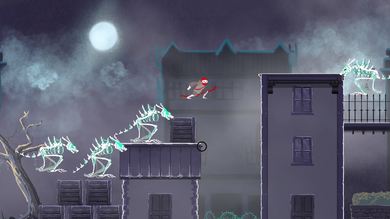 The player jumps between rooftops with spiky vines below the gap. They're being chased by 3 large, aggravated skeletons.