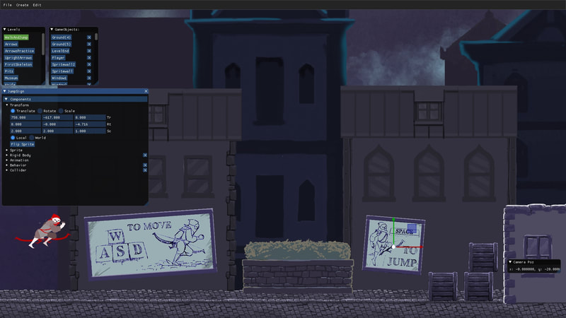 The level editor shows a small section of a level with a poster selected, a gizmo over it that can move it, and a couple panels where its properties can be changed.