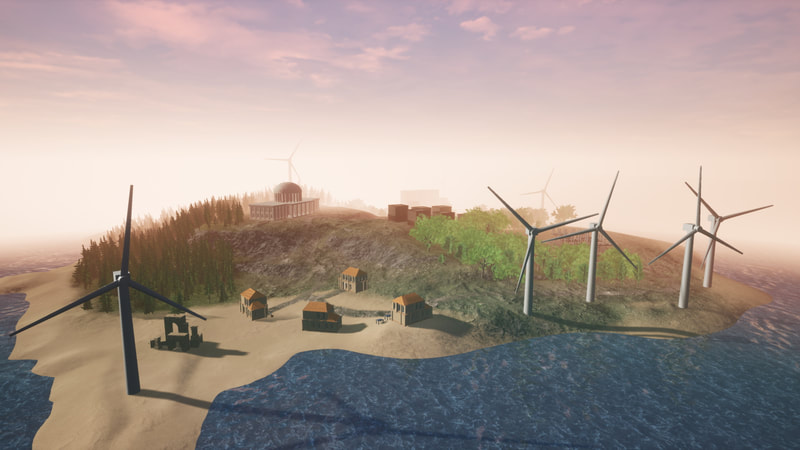 Landscape shot of the island the game takes place on, with the ocean, homes, wind turbines, and a pink fog in the distance.