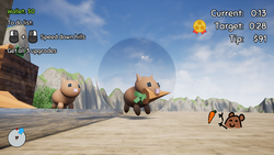 Small screenshot of HyperHam Delivery Company with the player hamster holding a carrot in their mouth, standing next to another hamster on a hill.