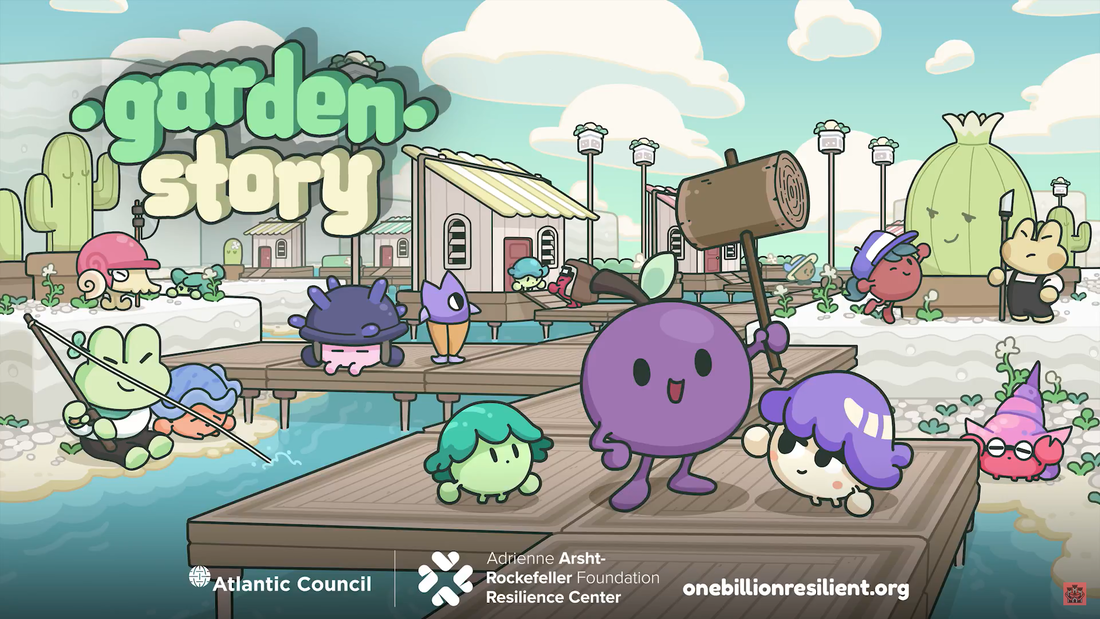 Art from the game Garden Story showing the main character, Concord the grape, holding a hammer on a pier surrounded by some other creatures and a fishing frog. The Atlantic Council and Arsht-Rock logos are also present.