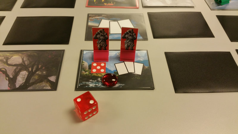 Showing two characters on a map card. They rolled a D6 below the trample value listed on the card, so a marker was placed on the card to show it's trampled.