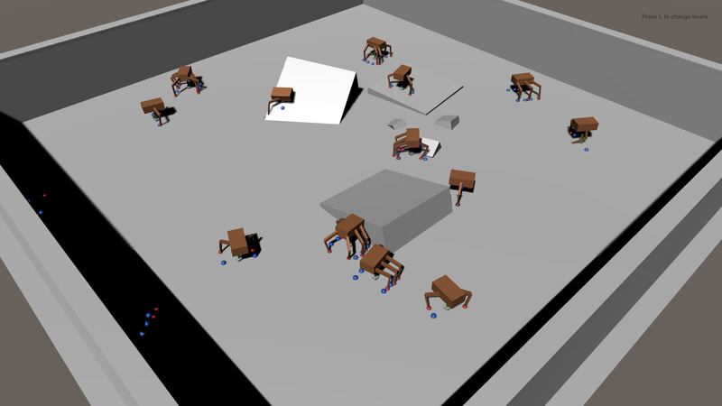 about a dozen simple creatures with either 2 or 6 legs walking around a test environment, including sloped blocks.