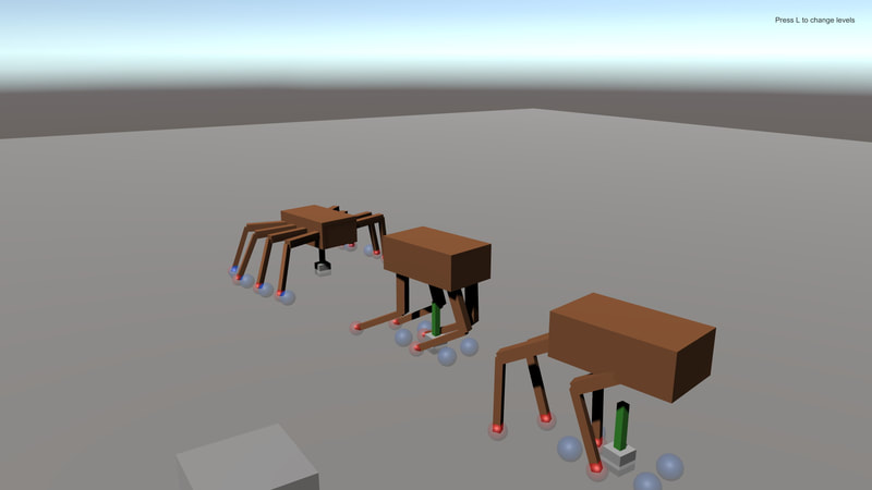 3 different creatures in a test environment- a spider, and two quadrupeds. One of the quadrupeds demonstrates the fix I made to make knees face forward correctly.