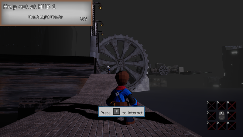 The player looks over the starting area of the game: asphalt walkways, lights, and massive machinery on the horizon.