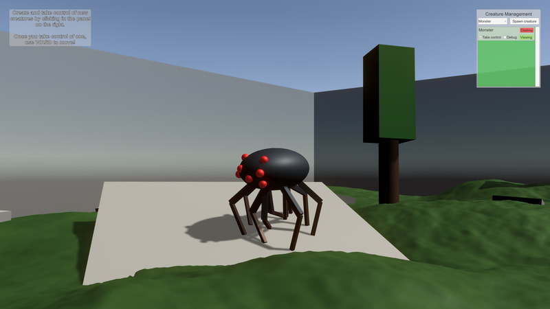 A monster creature in the forest level: it's like a black body with many red, spherical eyes, and around 10 asymmetrically placed legs