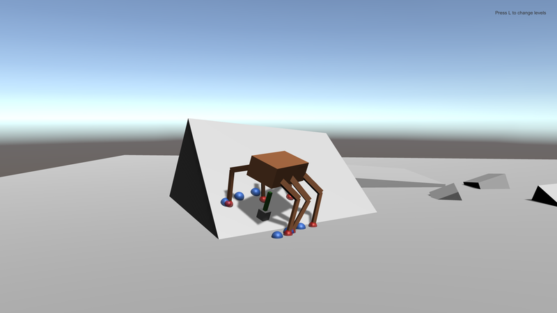 A 6 legged- creature standing on a sloping platform and rotating to accommodate it. Some debug objects showing the target angle for the body, and target positions for the feet are visible.